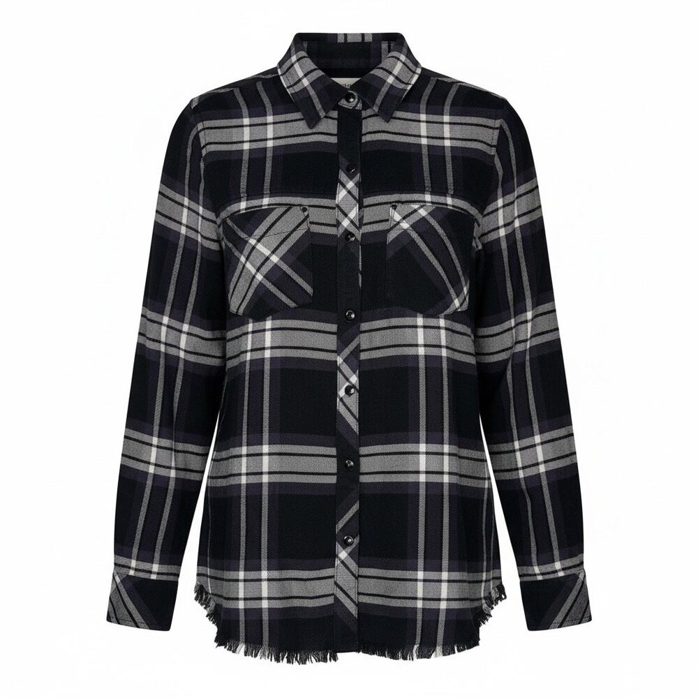 Rails Black White Plaid Frayed Hem Button Down Shirt Size S